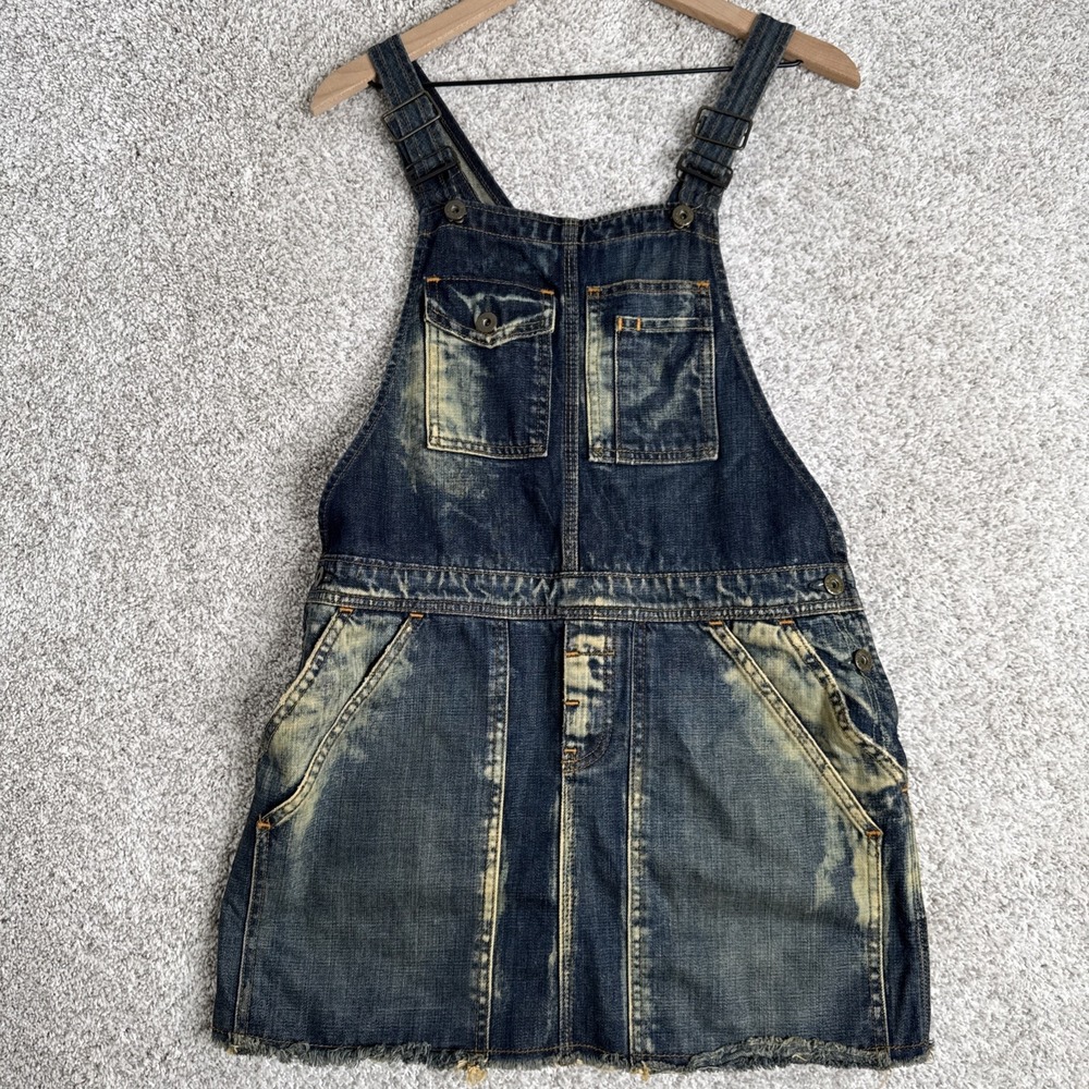 Polo Jeans Acid Wash Frayed Denim Mini Overall Dress Women's Size Medium
